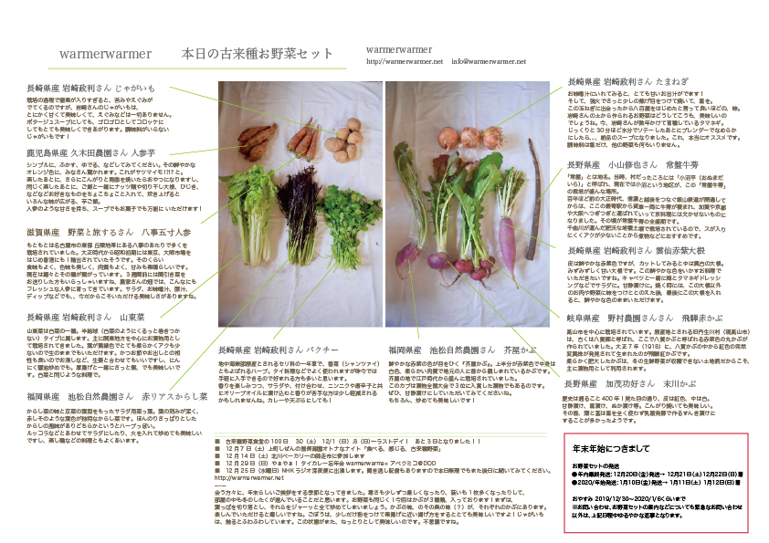 11月29日　本日のお野菜セットの内容です。