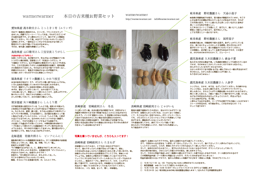 10月9日　本日のお野菜セットの内容です