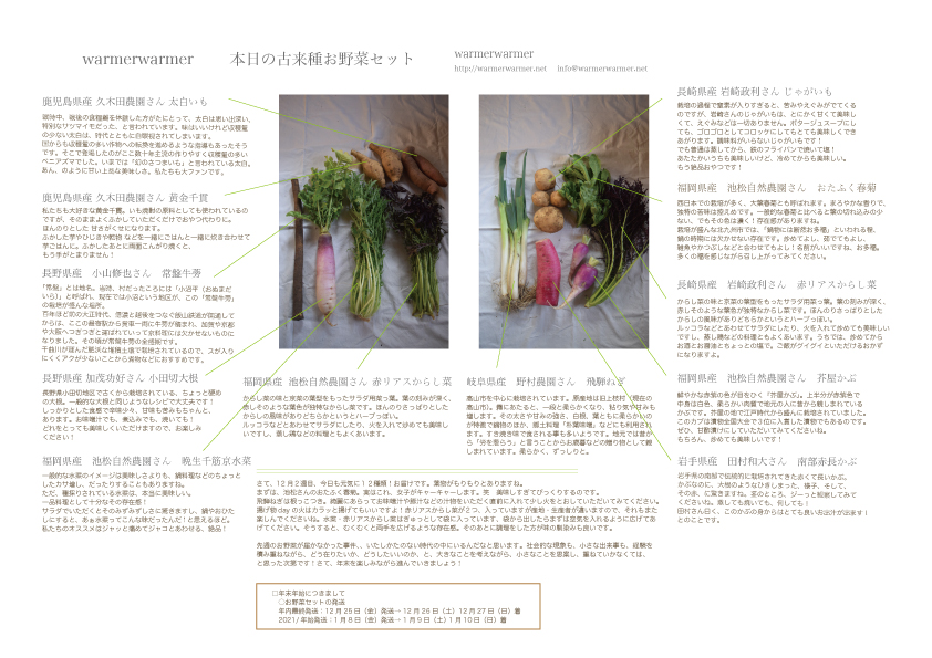 12月11日　本日のお野菜セットの内容です